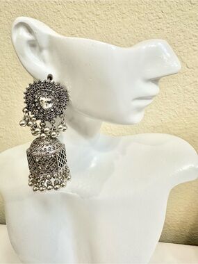Intricate Silver Heart Jhumka Earrings